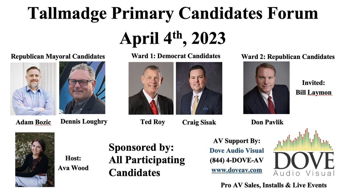 DoveAudioVisual's tweet photo. Hey TALLMADGE! Who’s got questions for the primary candidates? Submit them here: https://t.co/Qd1Q4VI0yX @tallmadgexpress #tallmadgeoh https://t.co/bU405yYDJL
