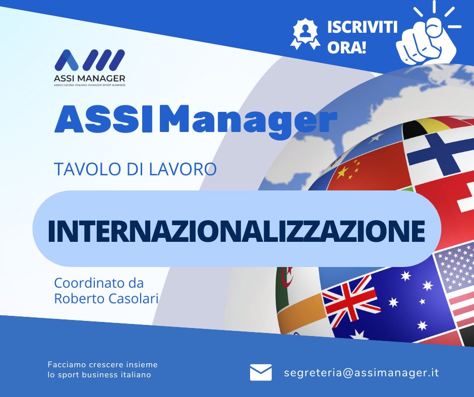 Attivati tre TAVOLI DI LAVORO:
Nel dettaglio:
-#INFRASTRUTTURE – coordinato da Filippo Colombo
-#FORMAZIONE – coordinato da Arianna Colombari
-#INTERNAZIONALIZZAZIONE – coordinato da Roberto Casolari
Adesione: a segreteria@assimanager.it