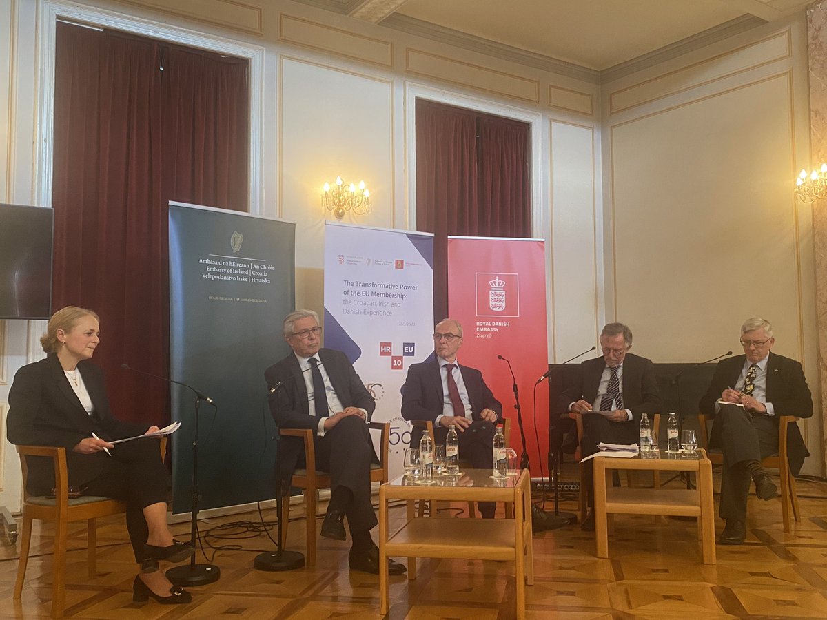 IrlEmbCroatia's tweet photo. A wonderful first panel at the conference ‘The transformative power of the EU membership’, celebrating 10 years of Croatian, and 50 years of Irish and Danish membership of the EU. #EU50 #EU10 https://t.co/Mb2XUieSZ5