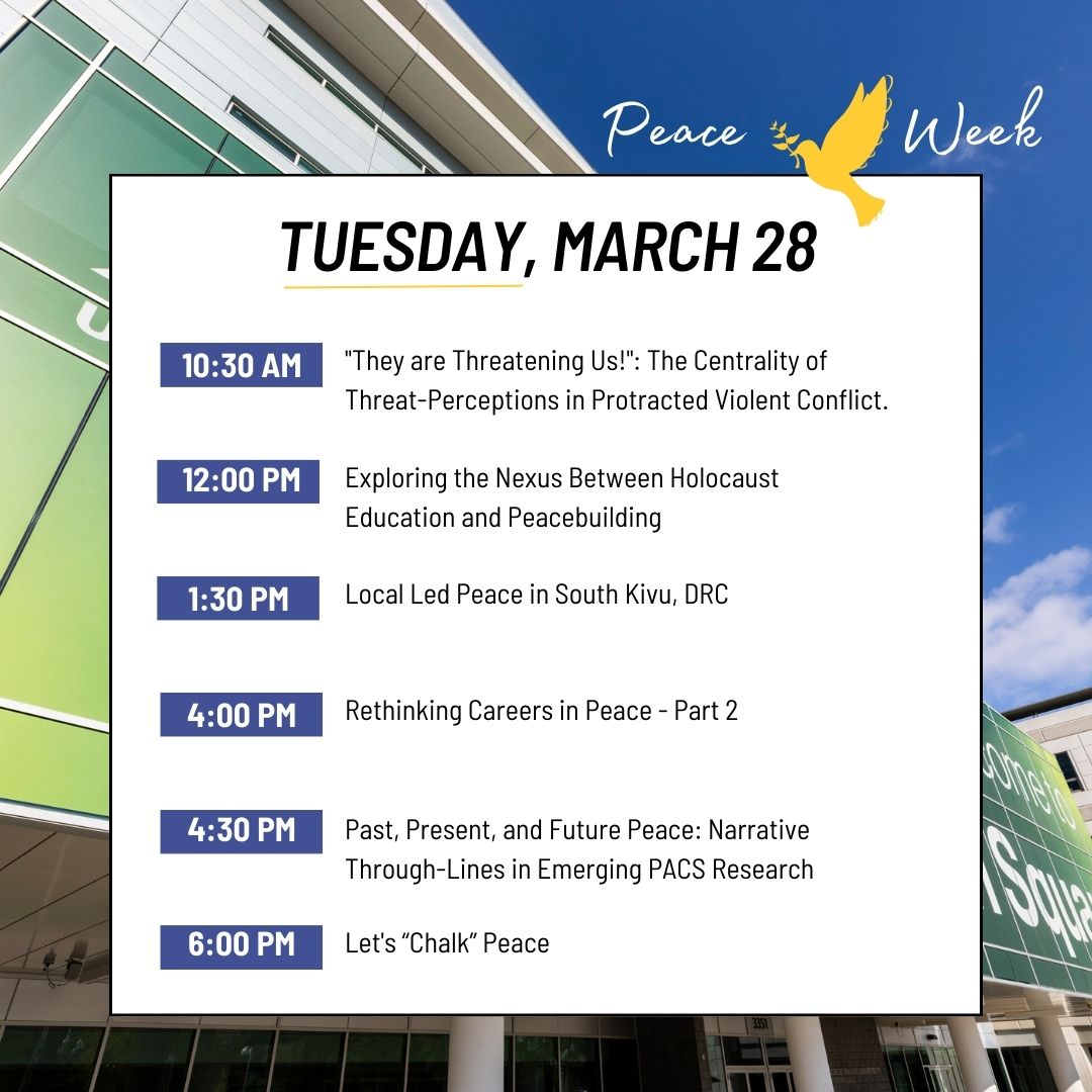 GMUCarterSchool's tweet photo. Check out today's schedule! Join us for a week of learning, reflection, and action toward peace!
Please register now to participate >> https://t.co/JuCShcnVxY
#PeaceWeek2023 #GMUCarterSchool #PeaceBuilding #CommunityEngagement #SocialJustice https://t.co/eO8tqqDyHs