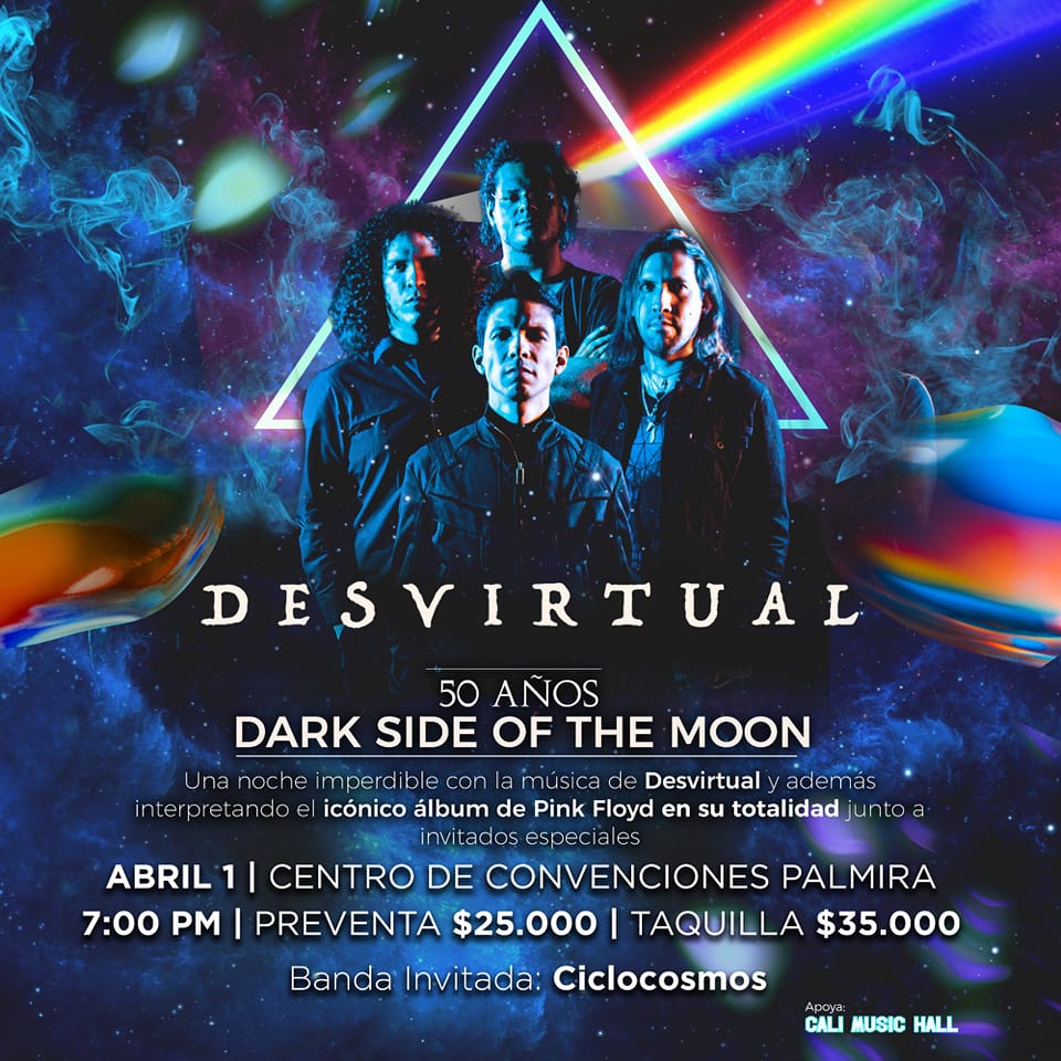 AntaresRock1's tweet photo. Homenaje a Pink Floyd celebrando 50 años del Dark Side of the Moon presentado por la banda de rock #Desvirtual
Banda Invitada #CICLOCOSMOS
Sabado 1 de abril 2023
Centro de Convenciones - Biblioteca Pública
Carrera 33A No 27-27 – Antiguas Bodegas del Ferrocarril
Palmira - Valle https://t.co/TX6wSKiZUi