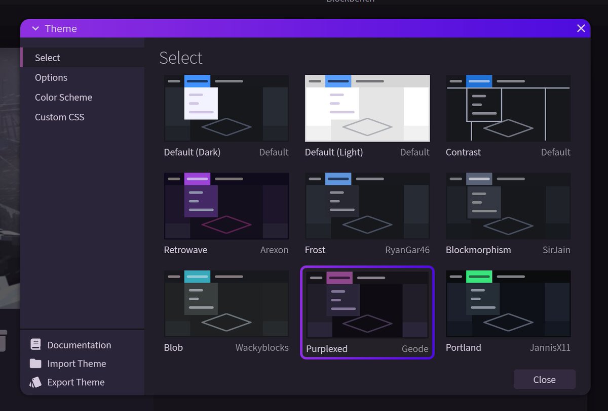 blockbench's tweet image. The new theme "Purplexed" by @GeodeModels is now available as a default theme in Blockbench!
File > Preferences > Themes... to choose your favorite theme!