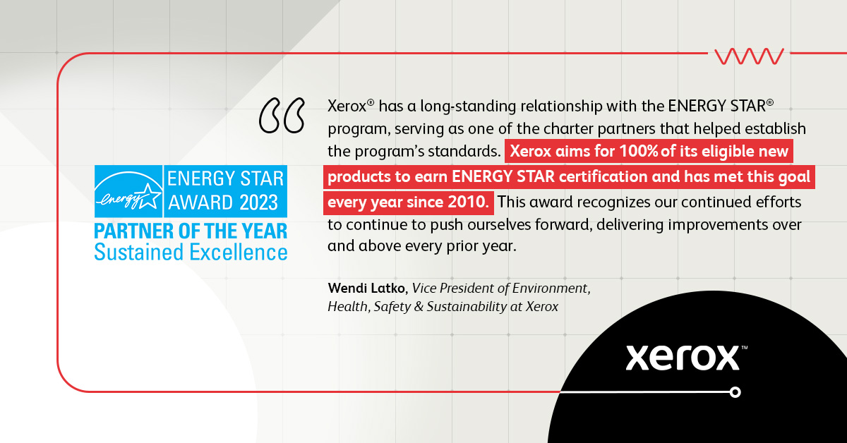 Xerox's tweet photo. For the third straight year, Xerox® received the @ENERGYSTAR Partner of the Year Award!
We've redesigned power supply on certain models of new printers to optimize energy savings, reducing energy consumption by 14%. More: https://t.co/mwpuqWMBSQ 
#RenewableEnergyDay #EnergyStar https://t.co/RmId7AWJz1