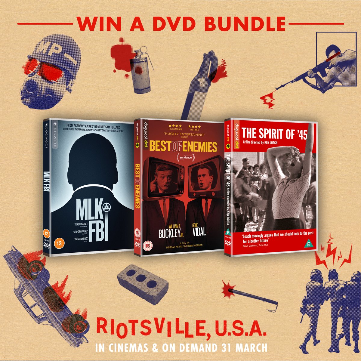 Competition time! 🚨 To celebrate this week's release of #RiotsvilleUSA, we've partnered with our friends at <a href="/Dogwoof/">Dogwoof</a> to give you the chance to win this DVD bundle...

To enter, just retweet this and make sure you're following us!