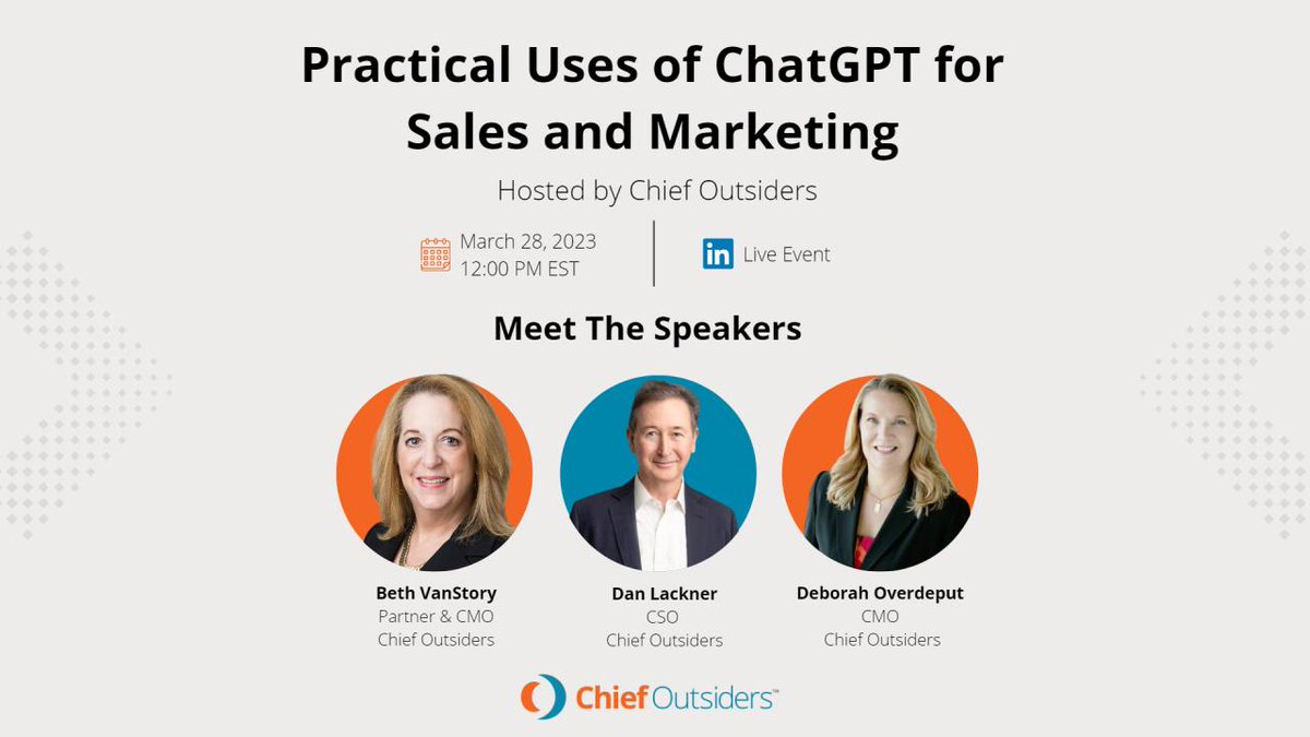TODAY!  CMOs @bethvanstory and <a href="/doverdeput/">Deborah Overdeput</a>, join CSO Dan Lackner to share ways you can leverage #ChatGPT to generate leads, increase sales, and automate customer support

Join us live: bit.ly/3LRC2FR