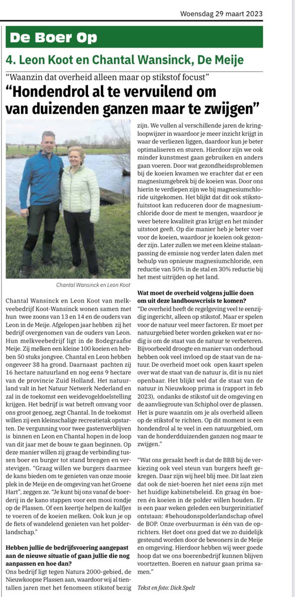 Ons verhaal in Nieuwkoops krantje deze week. Boeren en natuur gaan prima samen. Ook rondom de Nieuwkoopse Plassen. Door magnesiumchloride bij de mest te gebruiken hebben we beter kwaliteit gras en minder uitstoot. Een win-win wat ons betreft. 
<a href="/BBBZuidHolland/">BBB Zuid-Holland</a>
