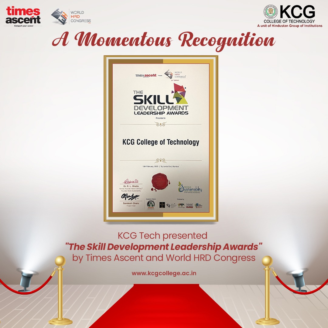 We are proud to share that KCG College of Technology received The Skill Development Leadership Awards presented by Times Ascent and World HRD Congress. 
@times_ascent
@WHRDC25
#KCGCollege  #skilldevelopment #skilldevelopmentaward #timesascent #prestigiousaward #award #education