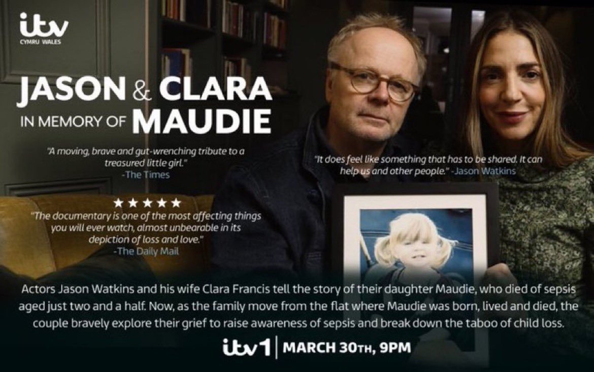 JohnNicholRAF's tweet photo. Heading to London for the preview of @Jason__Watkins &amp; @clarabetsy's truly moving documentary:
'Jason &amp; Clara: In Memory of Maudie'
about the death of their beloved daughter due to Sepsis.
Do tune in &amp; watch: ITV1, Thursday at 9pm.
@SepsisUK @UKSepsisTrust @cbukhelp https://t.co/8k8xxiEc0s