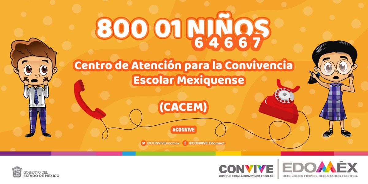 CONEBIedomex's tweet photo. ¡El #CONVIVE está para servirte! Si eres víctima de cualquier tipo de violencia escolar, DENUNCIA al ☎️ 800 01 NIÑOS (64667), de lunes a viernes, de 09:00 a 18:00 horas.
#CACEM

@SeducEdoMex 
@geramonro05 
@LizOzunaRi https://t.co/WxFQyEJDO2