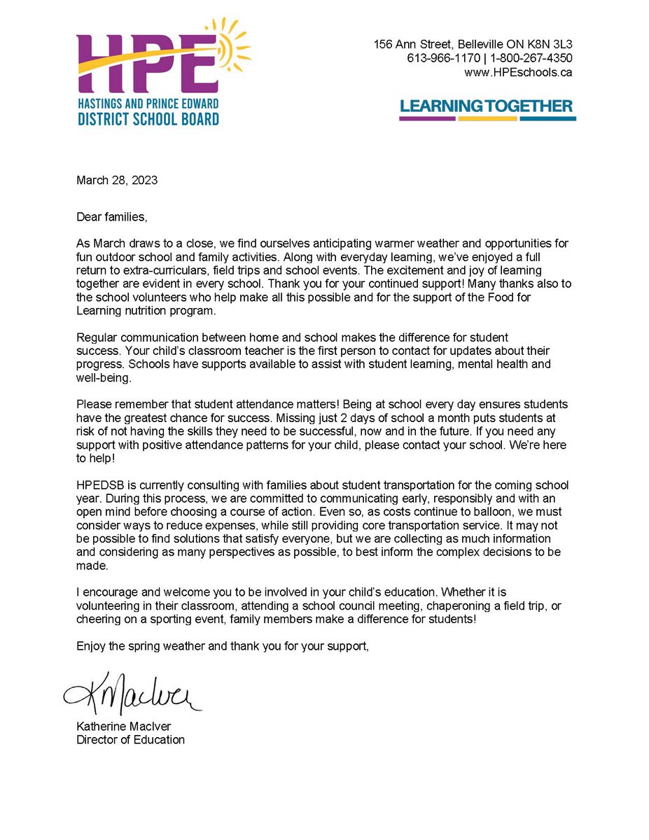Please read Director of Education Katherine MacIver's spring update letter to HPE schools families.