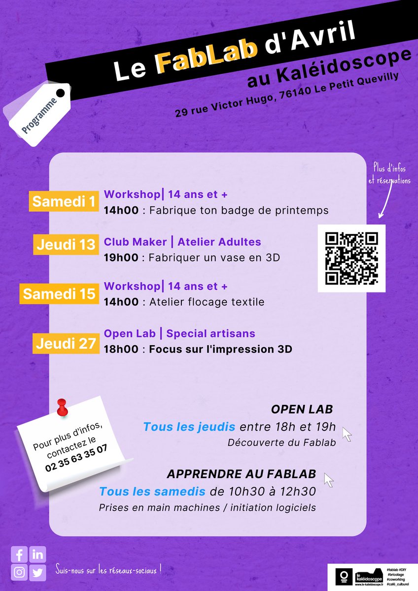 Découvrez la programmation #Fablab du mois d'avril ! 

🟠 N'hésitez pas a franchir le cap et...inscrivez-vous à l'atelier qui vous tente le plus ! 

lescopeauxnumeriques.fr/2023/03/28/le-…