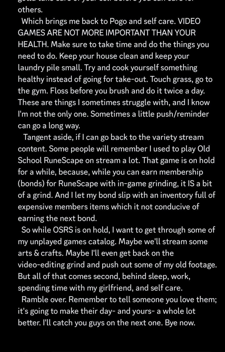 0lPete's tweet photo. Couldn't fit my ramble in one tweet so here's some text screenshots. It's about me and my stream, self care, and video games. Cheers. https://t.co/73QkGaZKFf