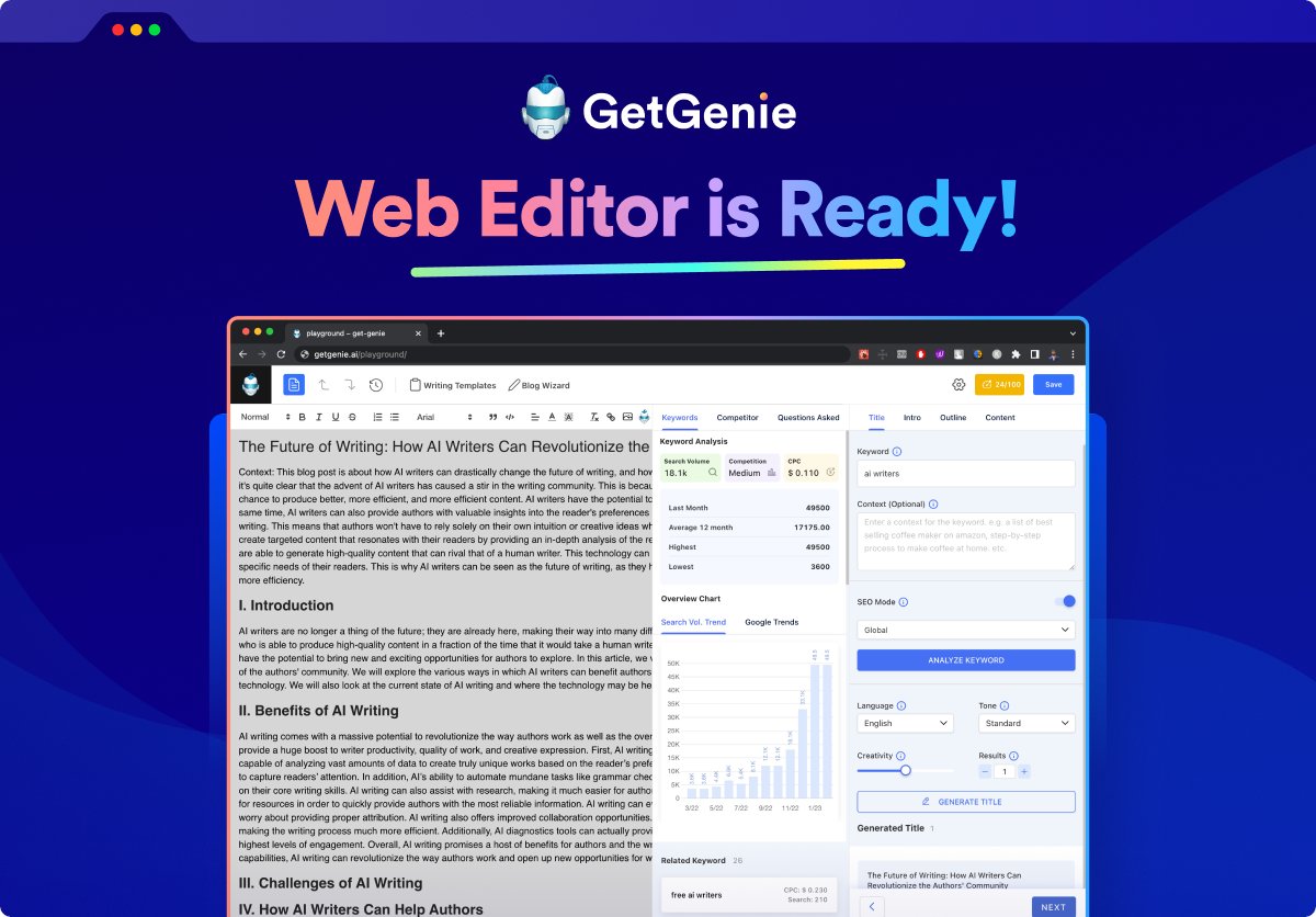 getgenieai's tweet image. 🎉 GetGenie users, rejoice! 🚀
The new web interface has arrived, making the writing even more convenient. Use the writing tool directly from your browser - no need for WordPress.
Say hello to effortless writing and goodbye to writer's block!
#GetGenie #WebInterface