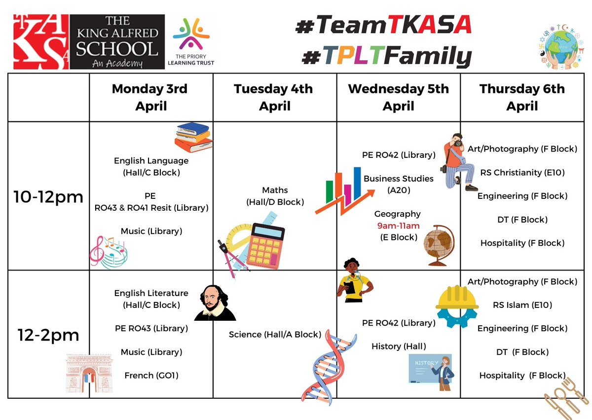 Year 11 Easter Revision Conference timetable (thank you <a href="/TKASMrShepherd/">Shep Shepherd</a> for the poster design!) <a href="/_TKASA/">The King Alfred School an Academy</a> <a href="/TKASAMrsG/">Mrs C Gibson</a>