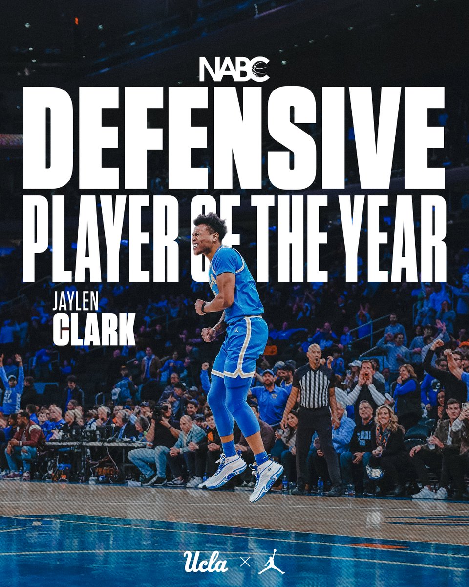 UCLAMBB's tweet image. 𝐍𝐀𝐁𝐂 𝐃𝐄𝐅𝐄𝐍𝐒𝐈𝐕𝐄 𝐏𝐋𝐀𝐘𝐄𝐑 𝐎𝐅 𝐓𝐇𝐄 𝐘𝐄𝐀𝐑.

Congratulations to UCLA’s Jaylen Clark (@jayl7en) on securing the NABC Defensive Player of the Year Award (@NABC1927).

Clark ranks No. 4 in the nation in steals per game (2.6).

🗒️🏆: ucla.in/3TXWDu3