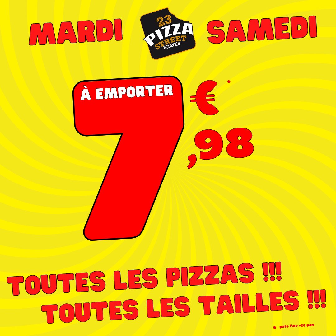 23PIZZASTREET's tweet photo. 🚨7.98 €€€€€€€€€€€€🚨
Toutes les pizzas🍕 maxi 4pers 40cm📏
02 48 24 02 02 https://t.co/JtkIDpPtXJ
#pizza #pizzadelivery #offre https://t.co/UH0zeBnBIg