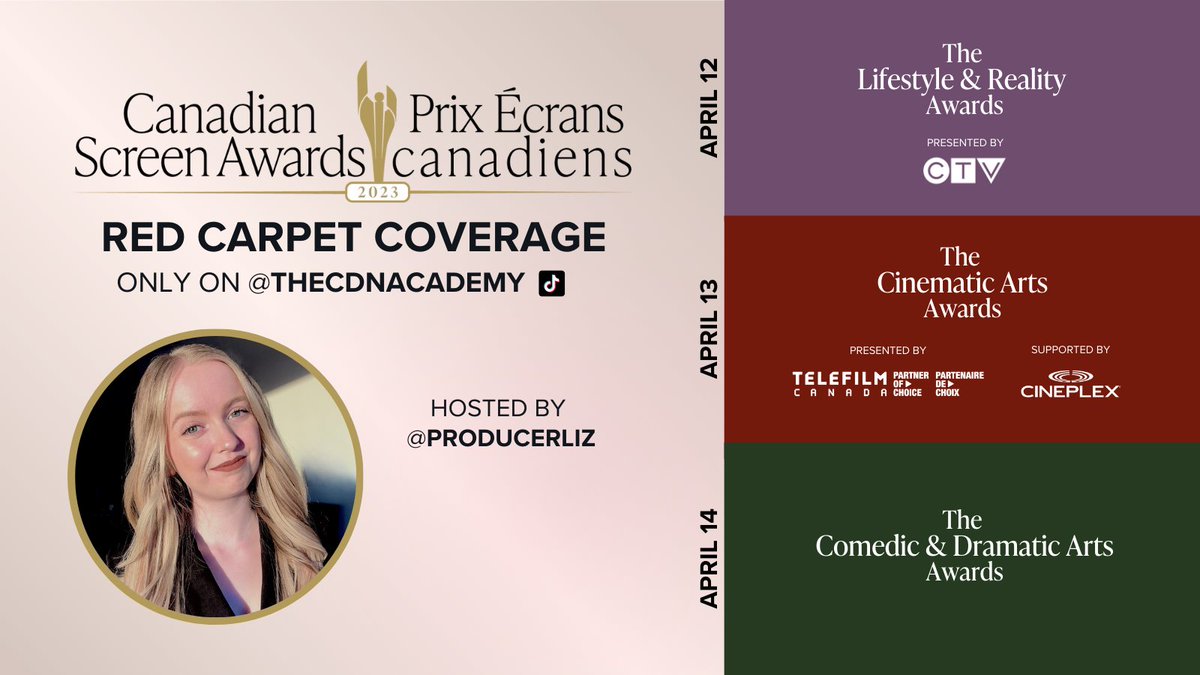 Taking you all to the biggest award show of the year as YOUR HOST for <a href="/TheCdnAcademy/">The Canadian Academy</a> Red Carpet Coverage on TikTok🍿 Three days, three carpets, and all your favorite stars -- yall ready?! More details here >> tiktok.com/@producerliz/v… #cdnscreenawards