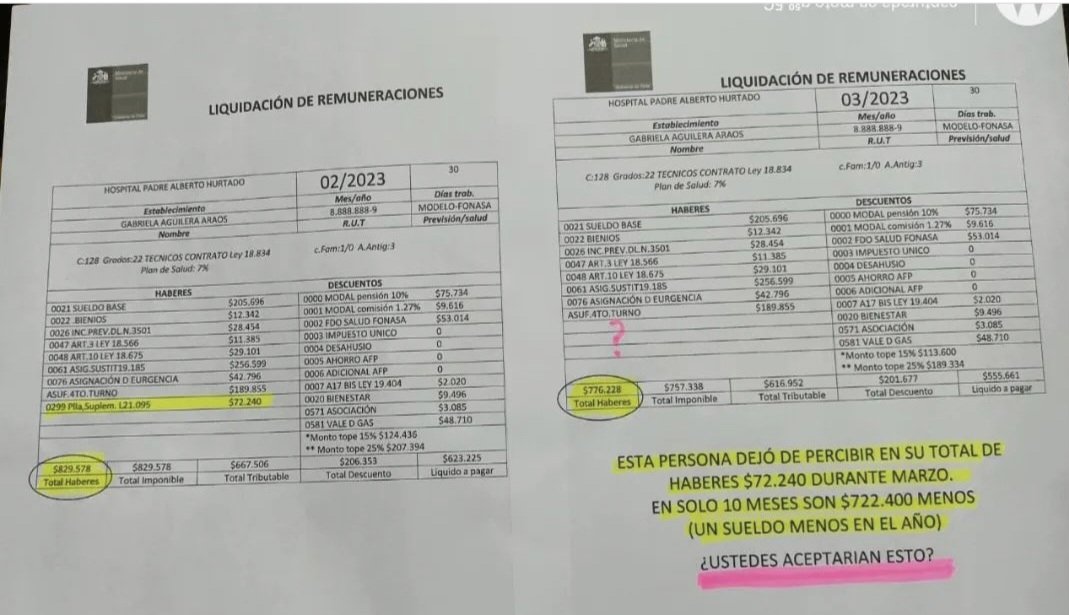 #hospitalpadrehurtado aquí se compara liquidación de un funcionario de febrero y marzo, quedando en evidencia su baja de sueldo y así habemos muchos!!!