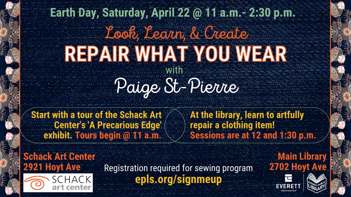 eplsdotorg's tweet photo. Get inspired with an Earth Day tour at the Schack Art Center, and then come on over to the Main Library and use that inspiration to artfully Repair What Your Wear.
Get more info here: https://t.co/QBF24sameH
#EverettWA #GoodThingsHappenHere #EarthDay2023 https://t.co/ywpQ0Es5Bq