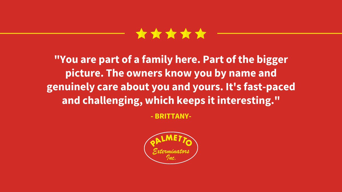 PalmettoExandMC's tweet image. Our employees help us keep you and your loved ones safe from insects and pests. We couldn&apos;t do it without them! ❤️💛

#palmettofamily #exterminators #pestcontrolcompany
