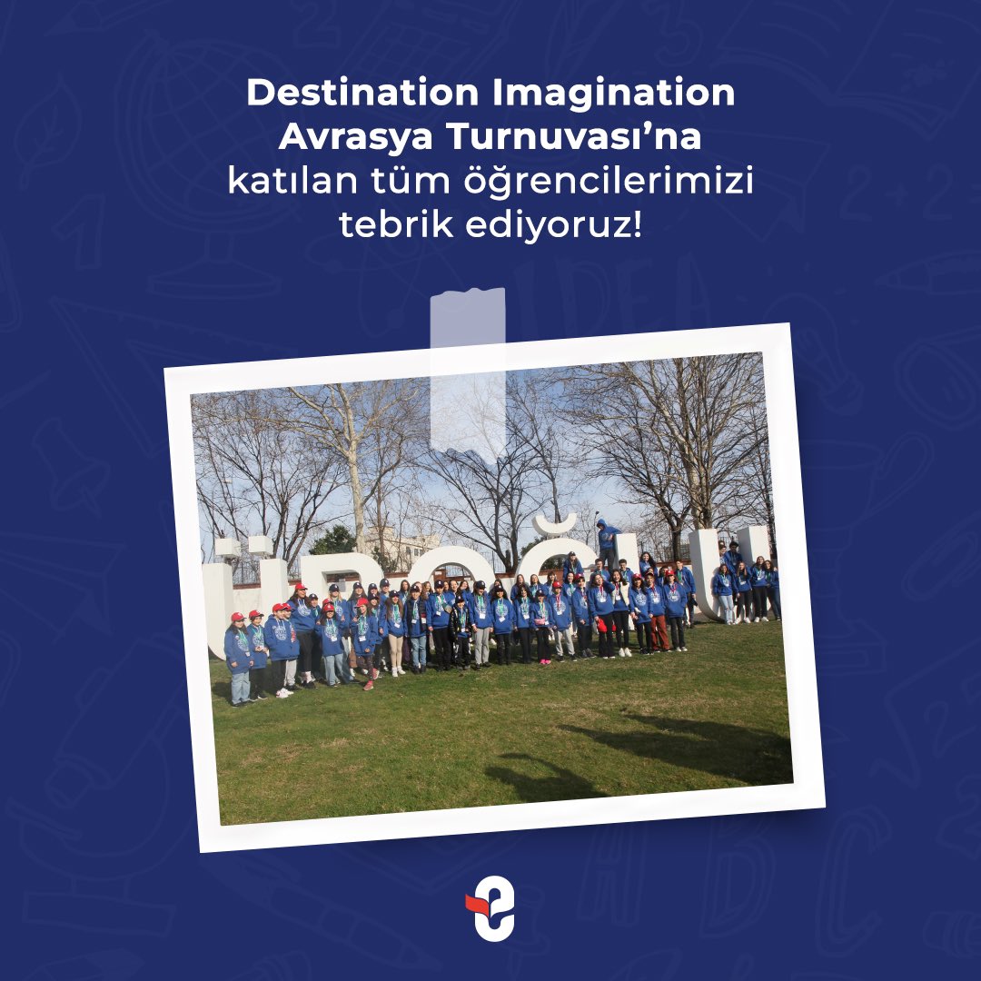 9-12 Mart 2023 tarihinde Antalya’da gerçekleşen Destination Imagination Avrasya Turnuvası’na Burçak Eyüboğlu İlkokulu ve Ortaokulu’ndan, Kemerburgaz İlkokulu ve Ortaokulu’ndan, Çamlıca İlkokulu ve Ortaokulu’ndan, Eyüboğlu Koleji ve Burçak Eyüboğlu Fen ve Teknoloji Lisesi’nden