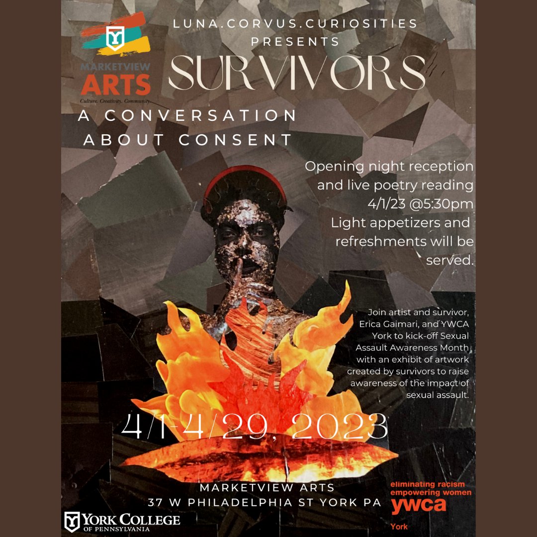 Join artist and survivor Erica Gaimari and YWCA York  this Saturday, April 1st to kick off Sexual Assault Awareness Month with an exhibit of artwork created by survivors to raise awareness of the impact of sexual assault.  
Learn more here: bit.ly/3YUpa4z
