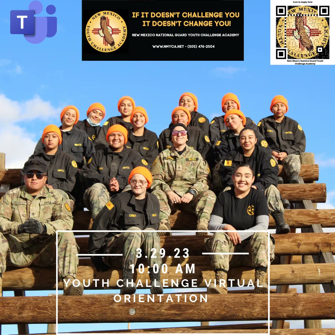 What is the New Mexico National Guard Youth ChalleNGe Academy and how can it help me? That's the big questions we try to answer during our Virtual Orientations. 
March 29 @ 6pm Join on any device via Microsoft Teams. 
For more information go to buff.ly/352wmFC