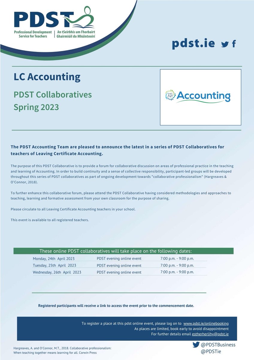 The latest PDST accounting collaboratives will be taking place in April. 

We are looking forward to working with all accounting teachers at these events. 

Please see 👉 pdst.ie/onlinebookling for more details. 

#PDST #Accounting