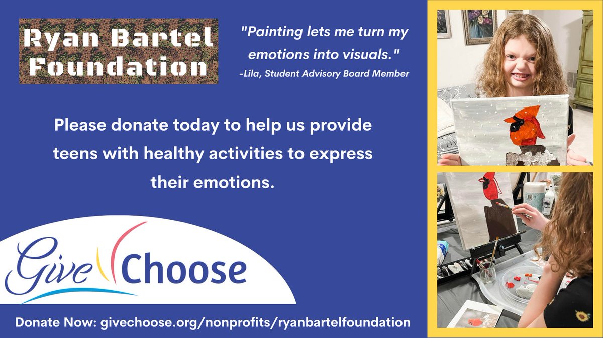 Ryan Bartel Foundation’s FORT allows teens like Lila to express emotions through painting and other forms of art. Please donate today to help us provide teens with healthy ways to express their emotions.
givechoose.org/nonprofits/rya…
#givechoose #givechoose2023 #youthsuicideprevention