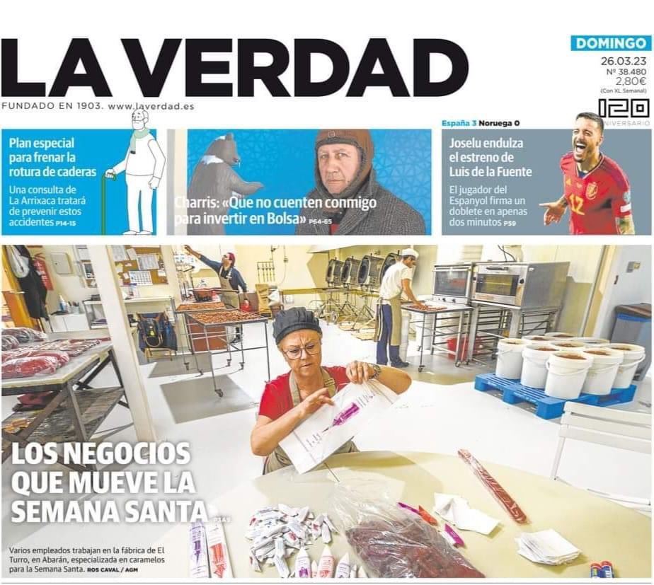 elturro_es's tweet photo. Buenas tardes !!! El pasado domingo fuimos la portada de @laverdad_es ! Interesante reportaje sobre la repercusión económica de la #SemanaSanta2023 , muy importante para pequeñas empresas como la nuestra. https://t.co/j2RlxEA95y
