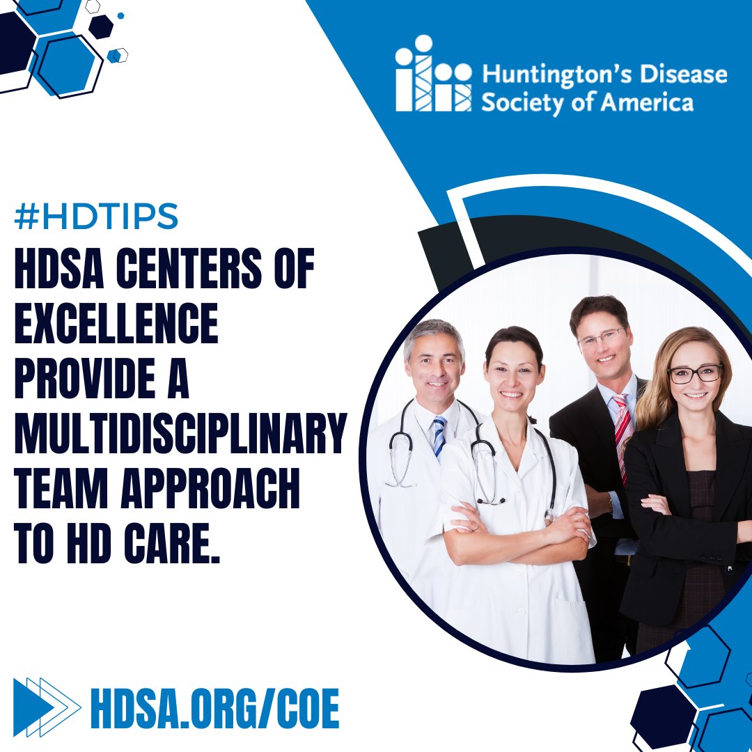 HDSA's tweet photo. #HDTips
At HDSA Centers of Excellence, patients benefit from expert #neurologists #psychiatrists #socialworkers #therapists & other professionals experienced in working with #HuntingtonsDisease families.
Learn More: https://t.co/SaRrsUwXov
#LetsTalkAboutHD #HDSAFamily https://t.co/NEhg9cUQua