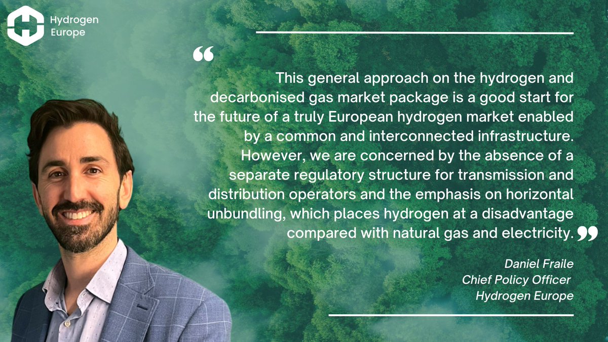 H2Europe's tweet photo. The Council adopted its position (general approach) on the #hydrogen and decarbonised gas market package, the regulation and directive that will shape the market for hydrogen transmission, storage, and distribution.  

Read our press release 👉https://t.co/stcTqPy9oo https://t.co/DG5yGGhFQp