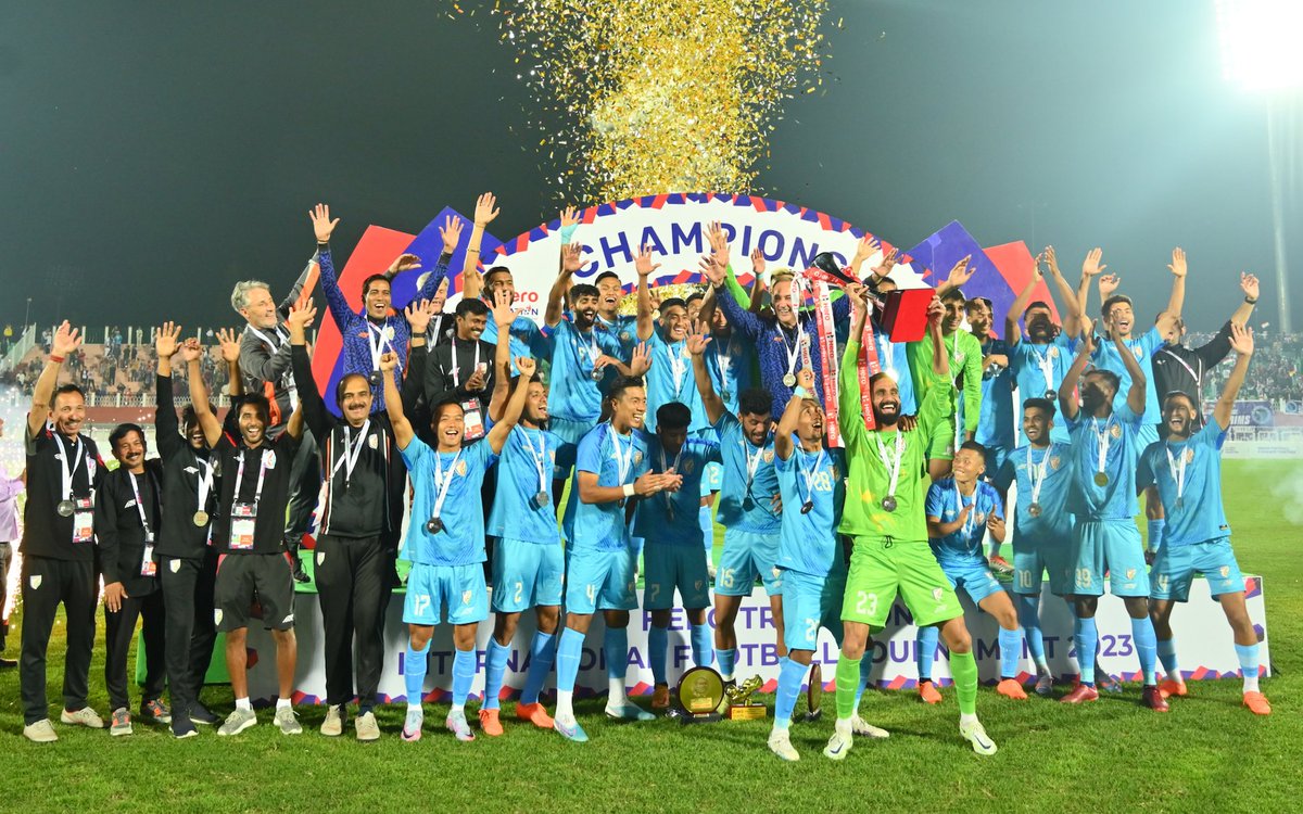 afcasiancup's tweet photo. 👏 Congratulations to 🇮🇳 @IndianFootball on winning the Tri-National Cup after triumphant wins against Kyrgyz Republic 🇰🇬 &amp; Myanmar 🇲🇲 https://t.co/BlVrgica4f