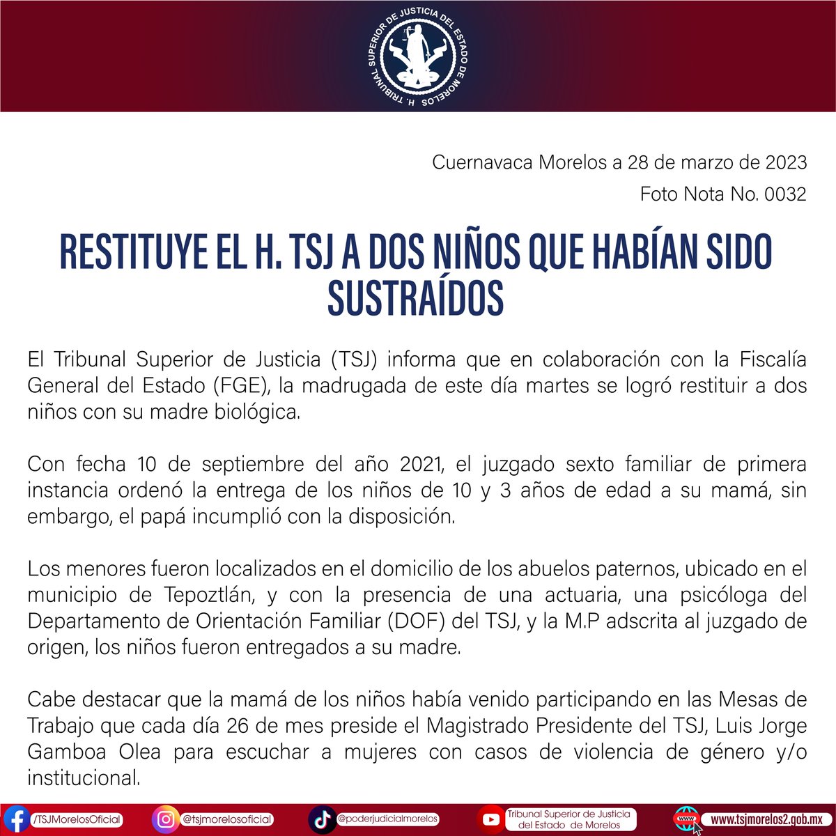 TSJMorelosOf's tweet photo. 👩‍👧‍👧👩🏻 RESTITUYE EL H. TSJ A DOS NIÑOS QUE HABÍAN SIDO SUSTRAÍDOS 👦🏾👦🏾

🔗 https://t.co/itNjatUseo 🔗 https://t.co/r8v0ncjmHS