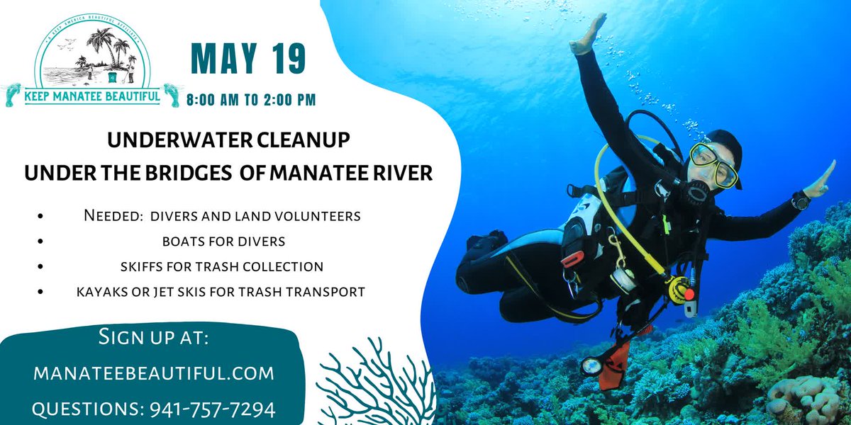 ManateeBeautiFL's tweet photo. 🌊🐟 Keep Manatee Beautiful presents: UNDERWATER CLEANUP! 🚮🐠 Dive into action under the bridges of Manatee River! 🌉 We need YOU – divers, land volunteers, boats, skiffs, kayaks, and jet skis! 🚤🏊♂ Let's work together to keep our waters pristine! 🌏💚 https://t.co/71NKK9qXL2
