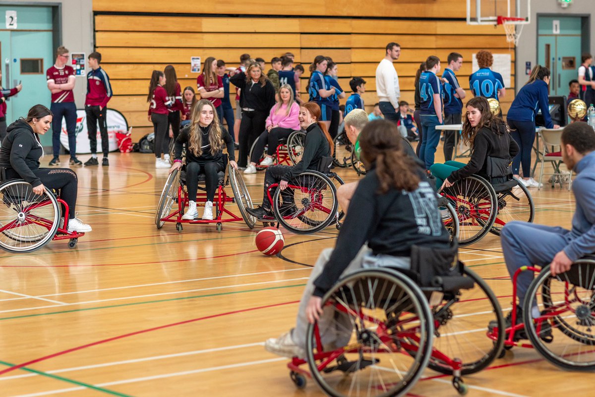 UCC's tweet image. 30 schools took part in the UCC Wheelchair Basketball4All Event 2023. 

Organised by @UCCSSPE students, it invited TY students to experience adapted physical activity in a fun, supportive and at times very competitive way. 

#PhysicalActivityForAll
