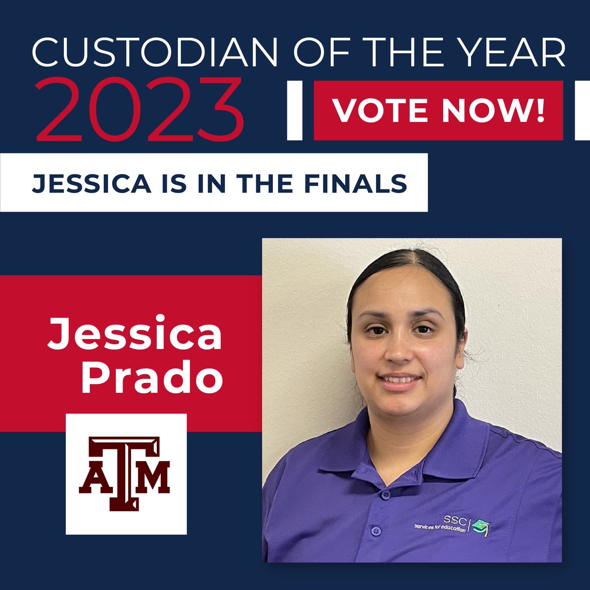 SSC Services For Education (@sscservices) on Twitter photo We are excited to announce that <a href="/TAMU/">Texas A&M University</a> Custodian Jessica Prado is one of ten national finalists for Custodian of the Year! Help us get her the recognition she deserves. Click the link to vote as many times as you want, now through April 14.
Vote Now: custodianoftheyear.com/custodian-of-t… We are excited to announce that <a href="/TAMU/">Texas A&M University</a> Custodian Jessica Prado is one of ten national finalists for Custodian of the Year! Help us get her the recognition she deserves. Click the link to vote as many times as you want, now through April 14.
Vote Now: custodianoftheyear.com/custodian-of-t…