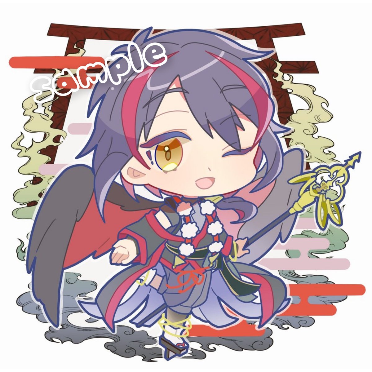 1boy male focus one eye closed wings chibi solo yellow eyes  illustration images