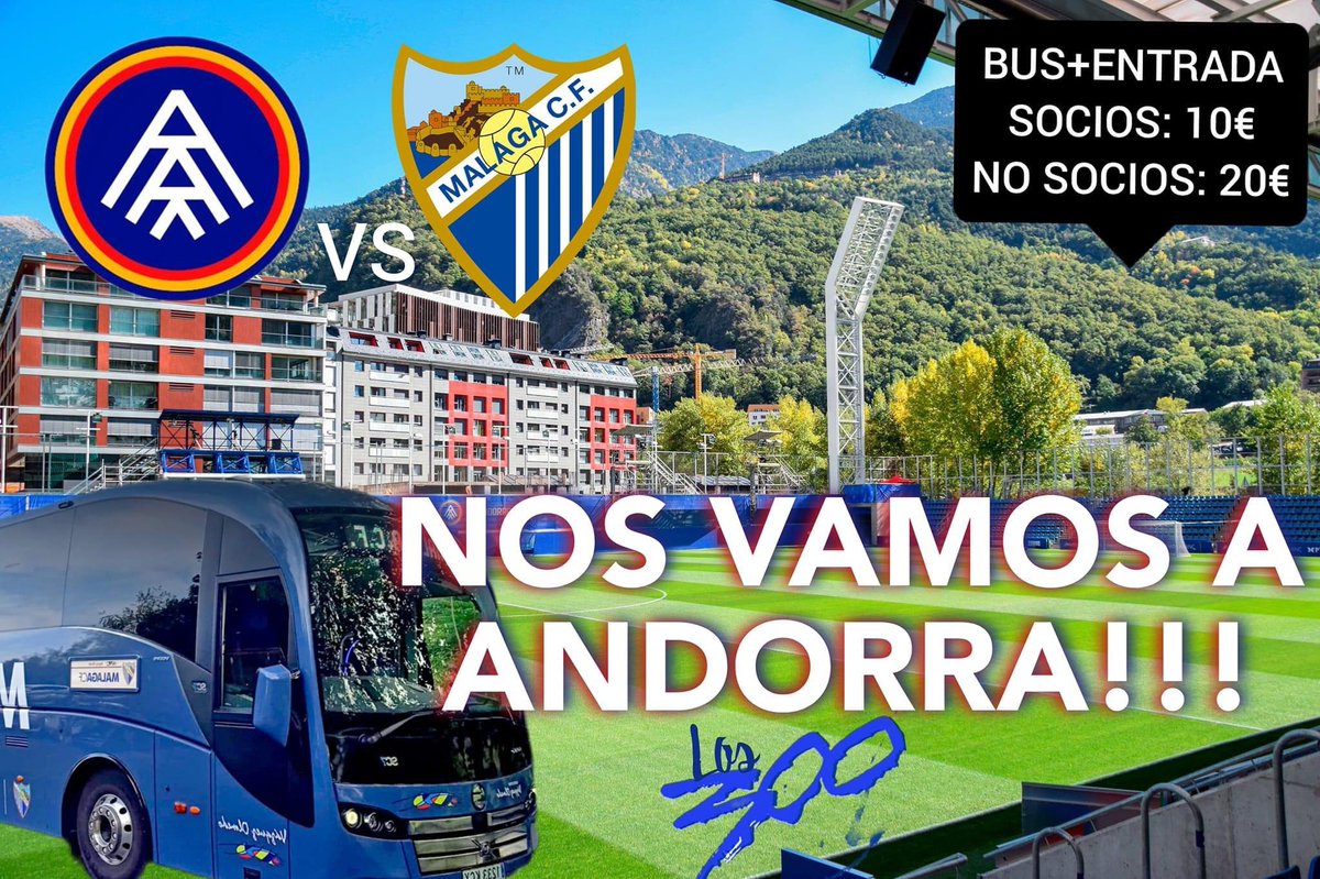 PMalaguistaBCN's tweet photo. La peña malaguista los300 de Barcelona estarán una vez más junto al equipo.Y esta vez en ANDORRA!!!
BUS+ENTRADA
*SOCIOS 10€*
*NO SOCIOS 20€*
Salida desde la peña los300
Domingo 2 de Abril a las 09:00

⚽ ANDORRA VS MÁLAGA CF ⚽
⏱️ HORARIO PARTIDO:18:30

Vente con nosotros!!!! https://t.co/AcCLv7yrTK