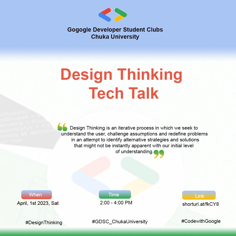 Joshua_Soft_Dev's tweet image. Google Developer Student Club Chuka University invites you as we learn on Design thinking.
Kindly RSVP to attend.
#designthinking
#GDSC_ChukaUniversity
#CodewithGoogle