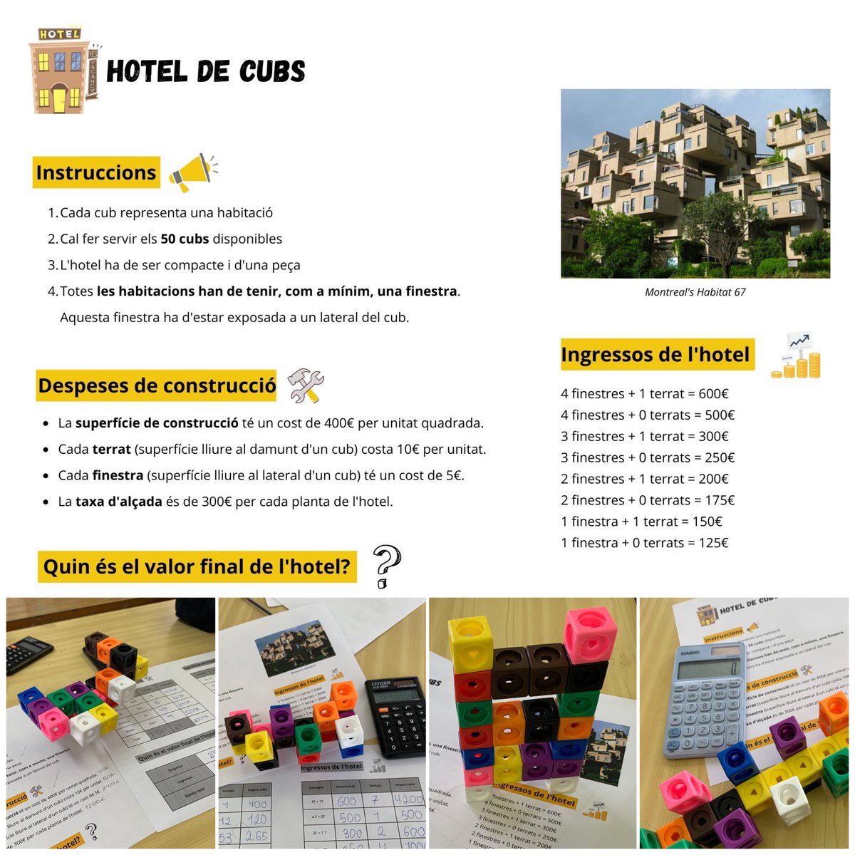 Construeix el teu hotel! 👷🏻

👉🏼 Dissenya un edifici de 20 cubs. 

❌ Hauràs de pagar per la superfície d’obra, l’alçada, les finestres i els terrats.

✅ Les millors habitacions tindran un millor preu de venda!

Gran proposta de <a href="/TheErickLee/">Erick Lee HRCE Math</a> a #PBBMaths 🙌🏽

Què hem après? 👇🏽