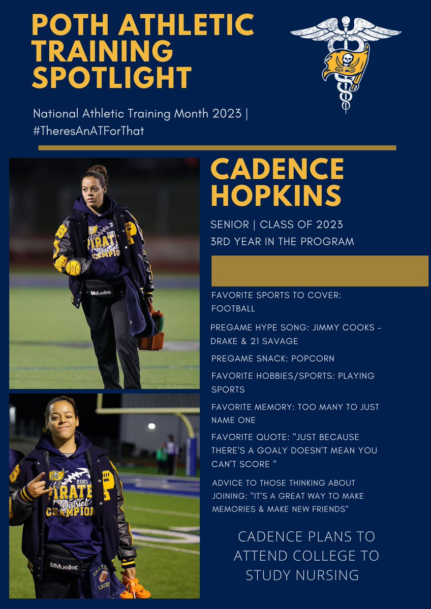 Student Athletic Trainer Spotlight❗️
Our next spotlight goes to another one of our seniors, Cadence! 
Her willingness to help others &amp; being there for our team has made the last 3 years so much fun! 
Thank you for all of your help this year, Cadence! 
#NATM2023 #TeamBehindTheTeam