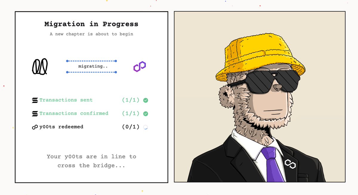 Ychaser11's tweet photo. Today is definitely a day for the suit and tie 👔 but I ain't gonna take off up my fuzzy🍌banana bucket hat! Congratulations @y00tsNFT with successful migration to @0xPolygonLabs 🔥 Takes seconds to complete. 
New era, new chapter, y00ts² @frankdegods LFG 🚀

#NFT #Web3 #y00ts https://t.co/KHQ3NCEbaj
