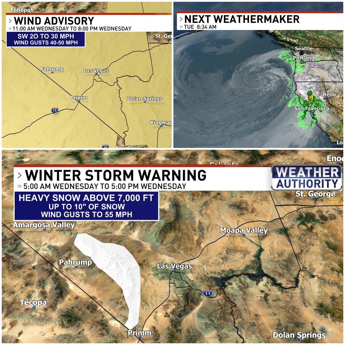 ChloeKoast's tweet photo. Our next #weathermaker will start impacting Southern Nevada tomorrow! Strong winds will arrive with gusts up to 50 mph & up to 10” of snow in the Spring Mountains! 🏔️ #WeatherAuthority #LasVegas https://t.co/rRO9vvUV2W