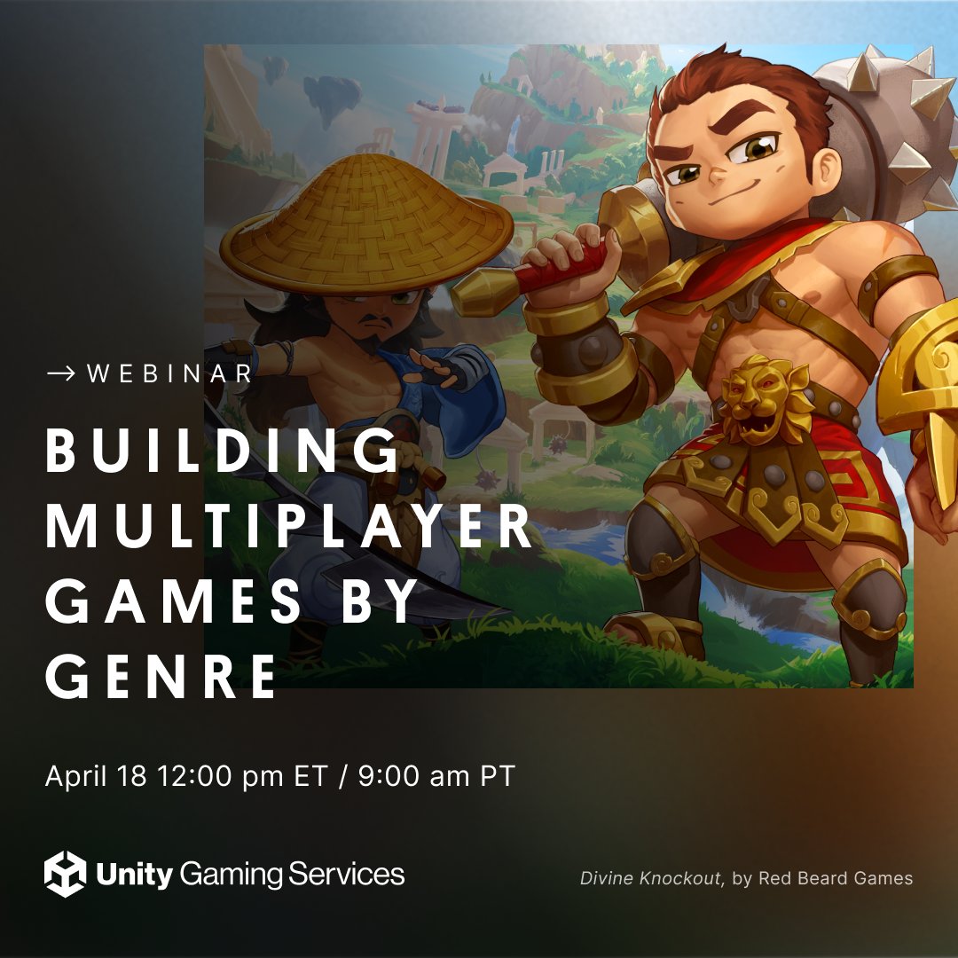 🤔 Is your next multiplayer game competitive? Cooperative? Maybe turn-based or a first-person shooter?

Your genre affects a slew of decisions when building and designing a game. Get ahead of the game with our latest webinar on April 18 at 9:00 am PT: on.unity.com/40K8IFc
