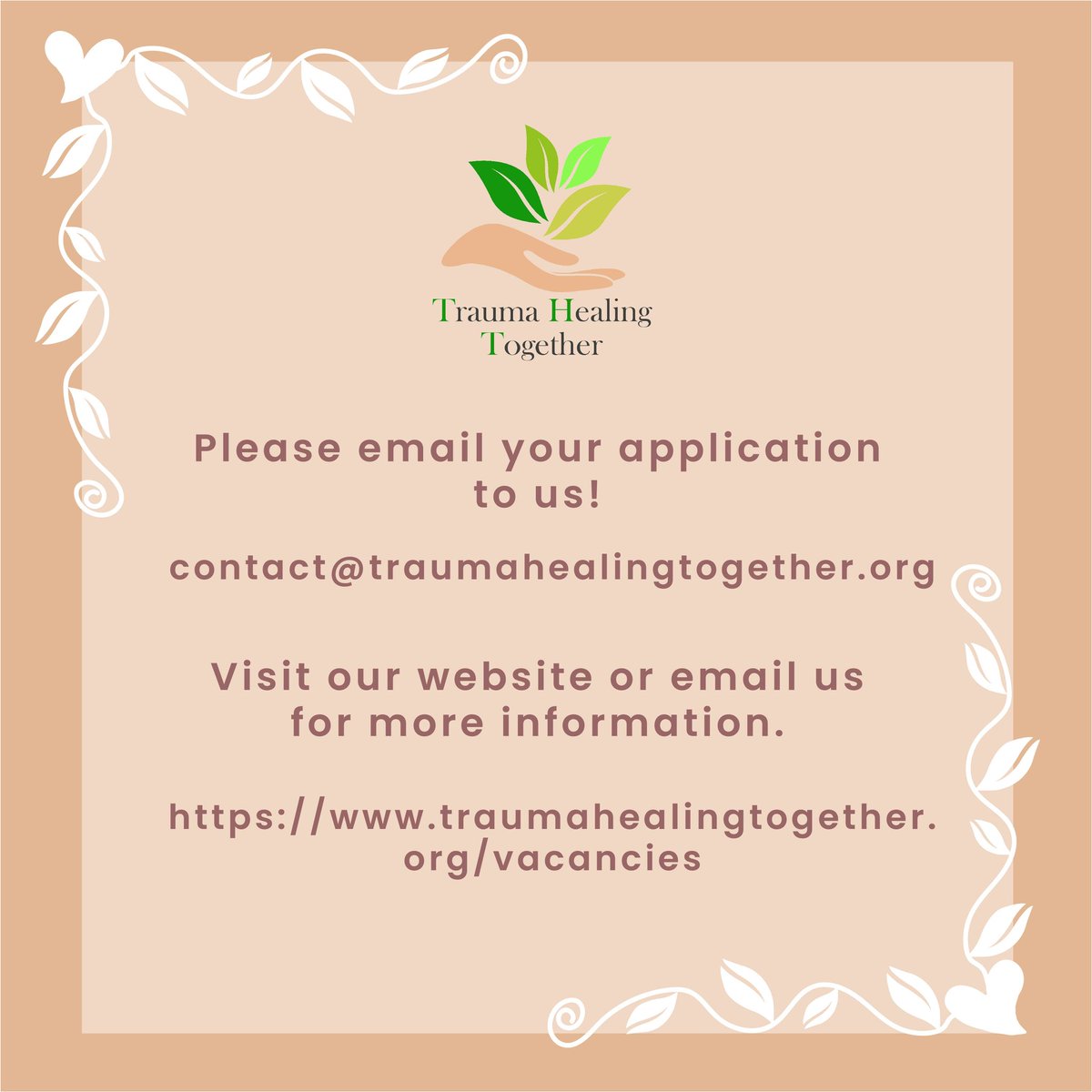 🙌 Work with us! 🙌

Are you a passionate trainee counsellor who likes helping people?

Are you looking for self-development in your career of counselling?

Well, We have an opportunity for you!

Check more information on our website!

traumahealingtogether.org/vacancies