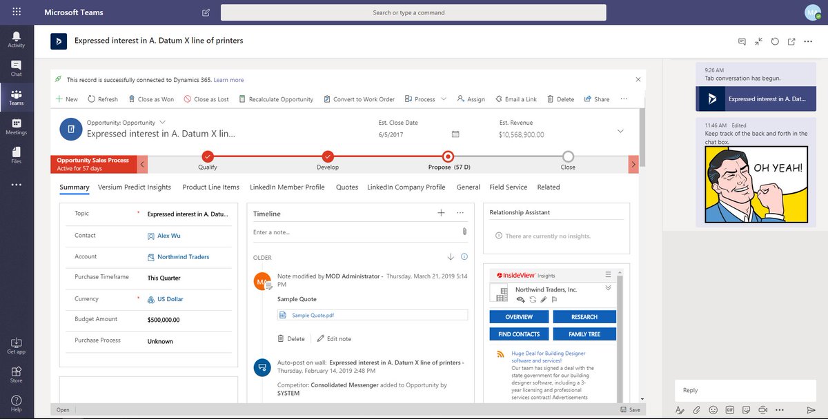 MSDyn365Guy's tweet image. Surround sales opportunities with Microsoft Teams collaboration tools and watch your entire organization work together to close deals | @Dyn365Pros blog ow.ly/2I2S50zFjq8 #MSDyn365 #MicrosoftTeams #MSFTDynamics365