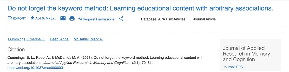 I'm excited to share my first 1st author paper with Anna Reeb and Mark McDaniel showing that when learning material with arbitrary associations, students can benefit from combining the mnemonic keyword method and retrieval practice. @WUSTL <a href="/WUSTLmed/">Test Account</a> #AcademicChatter #WomenInSTEM