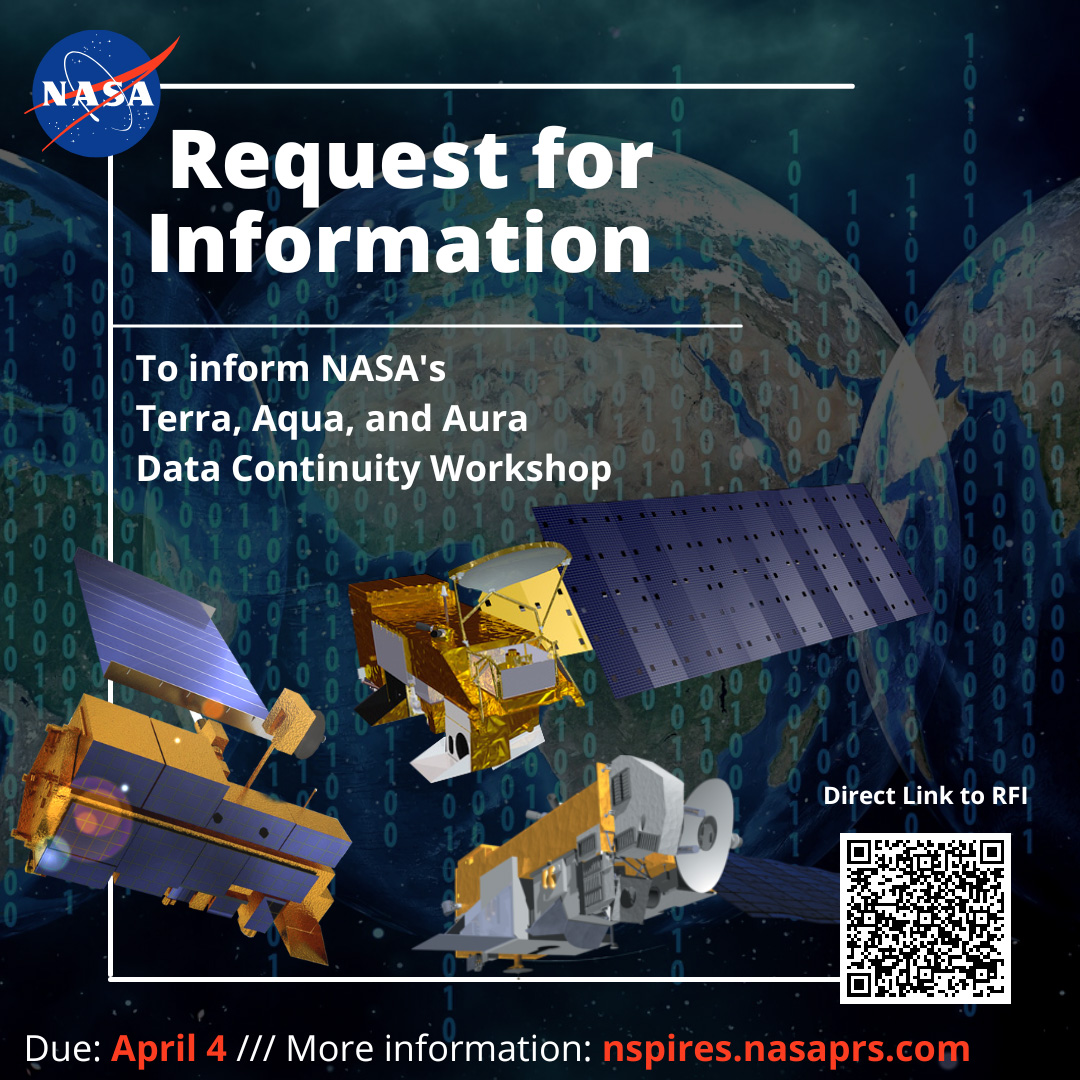 NASA is looking for community input to identify data gaps as the Terra, Aqua, and Aura missions near their end, and to help inform the upcoming Data Continuity Workshop to be held in May. 

*Input due April 4*

For information: go.nasa.gov/3zeq8yo