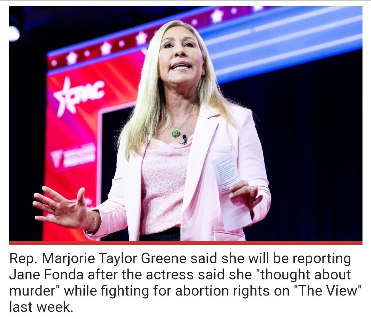 Chicago1Ray's tweet photo. (RT) if you want @RepMTG to go after The View for allowing Jane Fonda to spew such hateful rhetoric, that triggered the murder of (6) Christians in Nashville yesterday https://t.co/nYCy2DZOJq